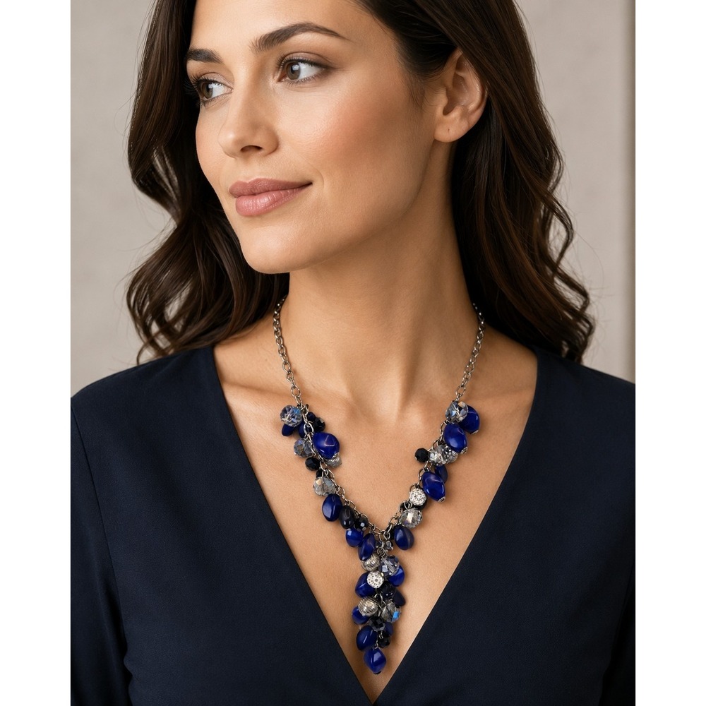 Blue Cha-Cha‎ Cluster Bead Statement Necklace Silver Tone Crystal Fringe